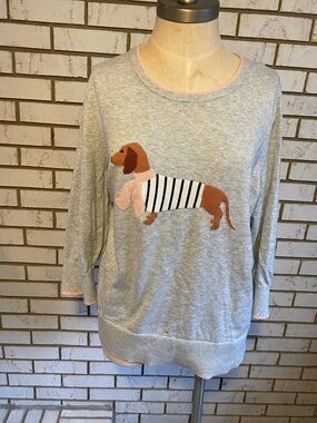 Lands' End Light Gray Crewneck Sweater with Dachshund Motif and Pink Trim
